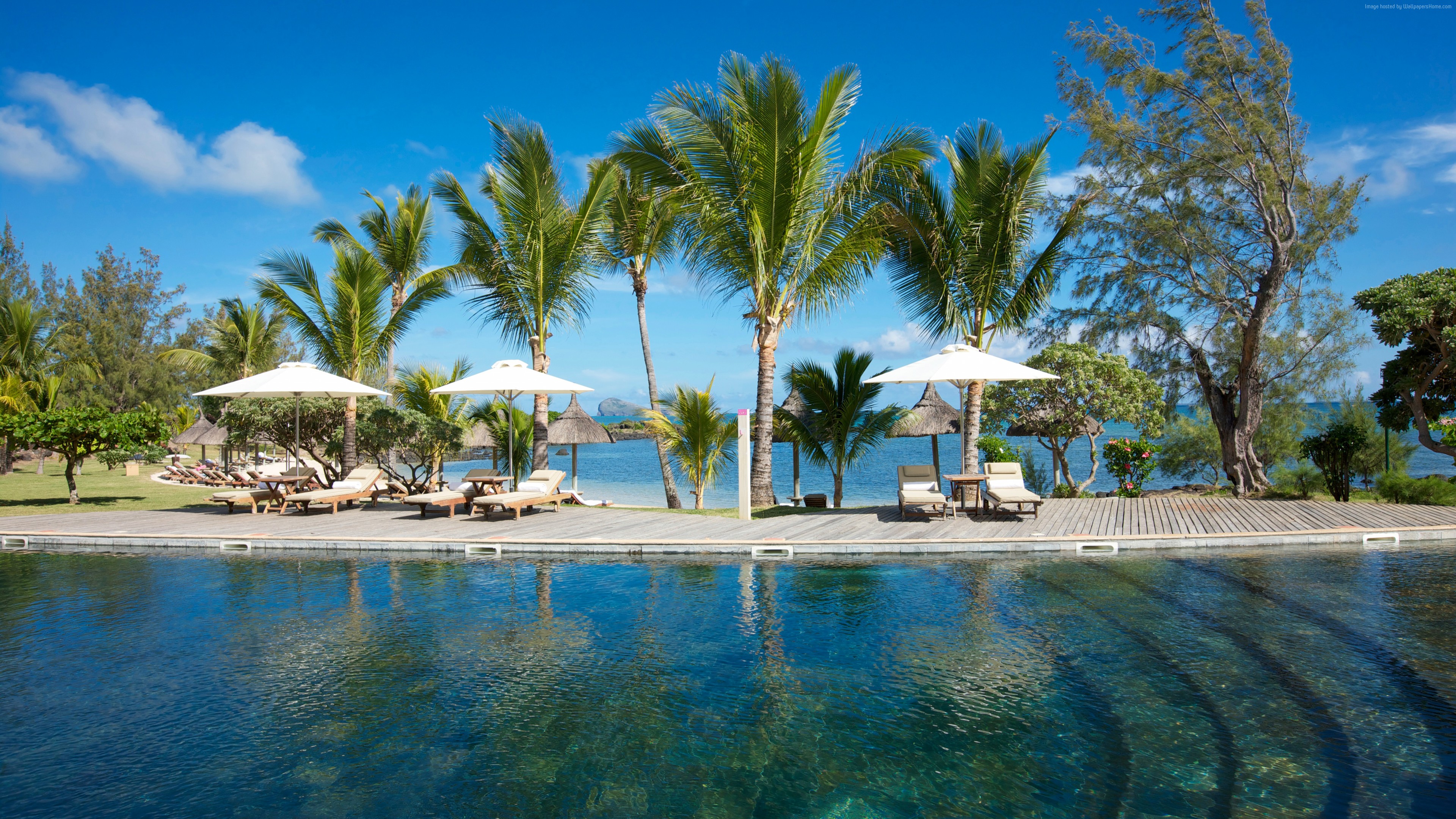 Wallpaper Grand Gaube, Mauritius, Hotel, pool, water, sunbed, palm, sky, blue, sea, ocean, travel, vacation, booking, World&